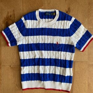 Ralph Lauren Blue White Striped Red Trim Crewneck Sweater Short Sleeve M
